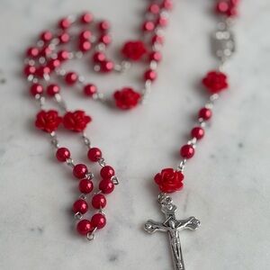 Elegant Red and Silver Rosary Necklace
